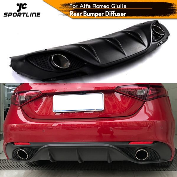 Black PP Car Rear Bumper Lip Diffuser Spoiler With Exhaust Tips for Alfa Romeo Giulia Sedan 4 Door 2016 2017 Quadrifoglio TI